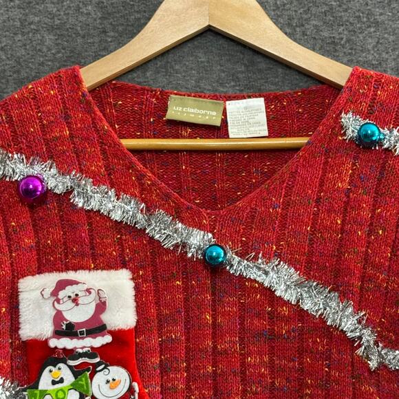 LIZ CLAIBORNE Womens Small Red Multicolor Handmaid Ugly Christmas Sweater V-Neck - Picture 3 of 10